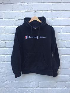 Vintage 90s Champion black embroidered spell out hoodie size small by StateSideVintageUK Cheap Black College Hoodie, Cheap Black Sporty Hoodie, Cheap 90s Style Hooded Hoodie, Vintage Washed Black Hoodie Sweatshirt, Vintage Washed Black Cotton Hoodie, Oversized Champion Hoodie, Vintage Champion Sweatshirt, Black Champion Hoodie, Just Black