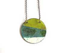 Enamel and Patina Circle Necklace Unique Patina Round Pendant Necklace, Unique Green Patina Necklaces, Green Patina Pendant Jewelry, Green Pendant Jewelry With Patina, Green Enamel Necklace With Large Pendant, Circle Necklace, Royal Oak, Enamel Jewelry, Turquoise Necklace