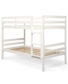 a white bunk bed with wooden slats on the bottom and bottom rails, against a white background