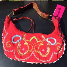 Betseyville Red Embroidered Shoulder Bag 13 X 6” Yellow Lining And White Scallop Edging. Measurements Approximately 9” Faux Leather Strap, 6” Top To Bottom, 13” Side To Side Red Floral Embroidered Tote Shoulder Bag, Embroidered Red Tote Bag, Red Shoulder Bag With Adjustable Strap For Spring, Red Floral Embroidery Tote Shoulder Bag, Red Spring Satchel Bag, Red Satchel Bag For Spring, Red Embroidered Bag For Daily Use, Vintage Red Hobo Bag For Everyday Use, Red Vintage Hobo Bag For Everyday Use