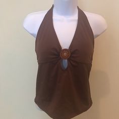 Beau Tique Tankini Swim Top. Size 14 2000s Fashion Swimwear, Elegant Brown Beach Tops, Elegant Brown Beach Top, One-piece Ruched Back Tankini Beachwear, Beachy Halter Top With Tie-side Bottom For Swimming, 2000s Tankini, Pool-ready Beachwear Tankini With Tie-side Bottom, Brown Summer Swimwear With Built-in Bra, Dressy Fall Outfits