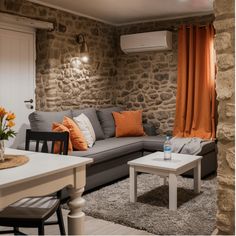 Cozy living room with a gray couch, orange pillows, stone walls, and a small table with a water bottle. Ceiling Concept