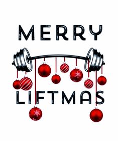 merry christmas card with dumbbells and baubles hanging from the bar, on white background