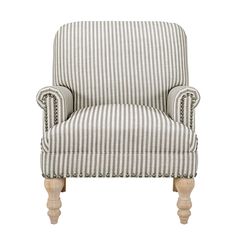 an upholstered striped chair with wooden legs and nail polishing on the armrests