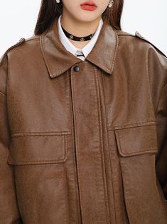 Size(cm) Length Shoulder Bust Sleeve M 69 60 128 57 L 70 62 132 58 XL 71 64 136 59 Size: M L XL Color classification: brown Year Season: Winter 2022 Sleeve length: long sleeve shirt length: Medium Material composition: other materials Brown Collared Outerwear With Button Closure, Casual Leather Outerwear With Buttoned Pockets, Brown Collared Outerwear With Buttons, Solid Leather Jacket With Snap Buttons For Fall, Leather Outerwear With Buttoned Pockets For Winter, Casual Winter Leather Jacket With Buttons, Casual Leather Jacket With Buttons For Winter, Brown Collared Outerwear With Flap Pockets, Oversized Brown Outerwear With Buttoned Pockets