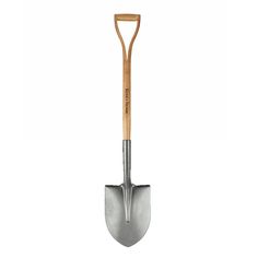 a metal shovel with wooden handle on a white background