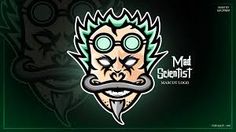 the logo for mad scientist with a mustache on it's head and eyes, in front of a dark green background