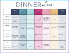 a printable meal planner with the words dinner plan in blue, pink and yellow