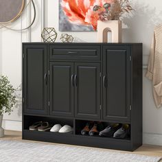 a black cabinet with two doors and three pairs of shoes on it next to a potted plant