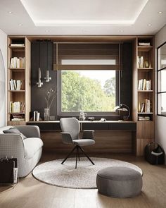 a living room filled with furniture and bookshelves