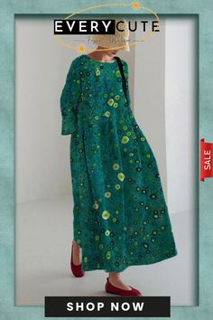 Women's Loose Printed Dress Green Printed A-line Midi Dress, Green Printed A-line Maxi Dress, Green Shift Maxi Dress, Green Printed Long Dress, Green Long Sleeve Shift Midi Dress, Green Shift Dress For Fall, Printed Green Midi Dress For Fall, Green Printed Fall Dresses, Green Printed Dresses For Fall