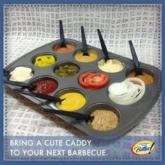 a tray with different sauces and condiments in it that says bring a cute caddy to your next barbecue