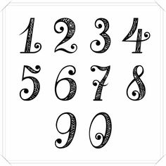 the numbers are drawn in black and white with swirls on each one piece of paper