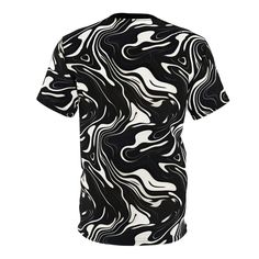 This beautiful Wavy Black and White floating Ink Pattern T-shirt was created to be a versatile and stylish companion for all your casual appearances. With its uniquely textured, thick, microfiber-knit fabric, this t-shirt bears a premium, soft feel that remains lightweight and highly breathable – the perfect combo for a hot day or layering. .: 100% Polyester.: Light fabric (4.0 oz/yd² (113 g/m²)) / (6.0 oz/yd² (170 g/m²)).: Regular fit.: Tagless.: Runs true to size Shipping from USA S M L XL 2XL Trendy Black T-shirt With All Over Print, Modern Black Printed Tops, Black T-shirt With All Over Print, Relaxed Fit, Hot Days, Light Fabric, Knit Fabric, Floating, Sleeve Length, Black And White