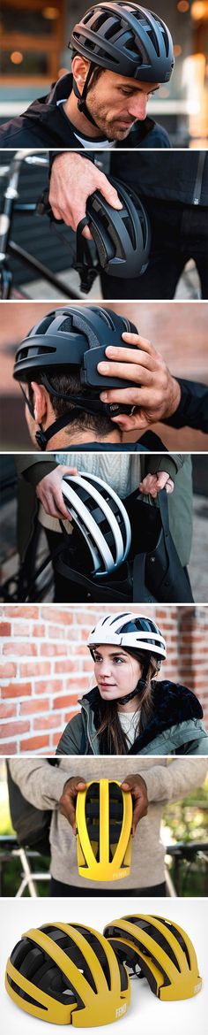 there are many different images of people wearing helmets on the same bike helmet as they ride down the street