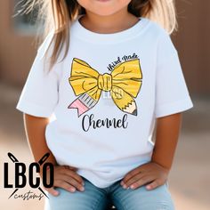 Pencil Bow Personalized Name Back to School Tee, Third Grade Kid T-Shirt, School T-Shirt >>PROCESSING TIME IS CURRENTLY 3-5 BUSINESS DAYS FROM DATE OF PURCHASE. >>Shipping is an additional 5-7 business days. >>Due to Covid-19, there may be shipping delays. >>This item is a soft t-shirt. You can feel the design on the shirt. All designs will be placed on a white tshirt.  >>Washing Instructions - Machine wash cold and hang to dry or lay flat. >>This item was created in a smoke free and pet friendly environment. >> Colors may vary slightly due to different monitor settings. >>Returns are not accepted on personalized items unless a mistake was made on my end. Thank you for shopping handmade with me! Puff Vinyl, Back To School Shirts, School Tees, School Shirts, Third Grade, Washing Instructions, Handmade Shop, All Design, White Tshirt