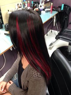 Red Peekaboo Highlights, Red Hair Streaks, Black Hair With Red Highlights, Black And Red Hair, Black Red Hair, Peekaboo Highlights, Red Hair Inspo, Hair Color Streaks, Black Hair With Highlights