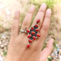 Long Red Coral Ring, 925 Sterling Silver Ring, Handmade Gemstone Ring, Statement Designer Ring, Boho Ring, Ring for Women, Gift for Her Product: Ring Main Gemstone : Red Coral Ring Head Size : 63x33 mm Stone Size : 5x8 mm Ring Size : Adjustable The Ring has an adjustable band that can adjusted from US size 5 to US size 11 We Are Manufacturers of All Kind of Jewelry For Bulk Purchase Kindly Contact Me Please Feel Free to Contact me For Any Query To go back to my shop, click here: https://www.etsy.com/shop/ADORNCRAFTSTORE?ref=seller-platform-mcnav FEEDBACK: Positive feedback is greatly appreciated, and we will do the same in return. If you are unhappy for any reason, please do not leave Negative or Neutral Feedback and allow us the opportunity to resolve any issue(s). We are very fair and ea Red Gemstone Toe Ring, Red Gemstone Rings In Sterling Silver, Red Toe Ring As Gift, Spiritual Ruby Rings In Red, Spiritual Red Ruby Rings, Adjustable Red Gemstone Rings, Red Crystal Ring With Stone Setting For Promise, Handmade Red Sterling Silver Rings, Red Crystal Promise Ring With Stone Setting