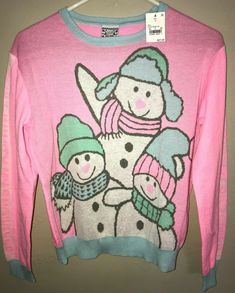 Here is a juniors new with tags pink sweater in a size XL. The msrp of 27.99 is on it. the sleeves have CHILLIN' WITH MY SNOWMIES on them. The width across at the underarms measures 21 inches, the length is 23 inches. There are no damages! All of our items are from a smoke free home. we do our best to describe them as we see them. if for any reason you are not pleased with an item, please let us know. we do NOT refund s/h fees for any reason, as we cannot get it back from the post office. We shi Tag Sale, Winter Sweaters, Pink Sweater, Sweater Outfits, Graphic Sweatshirt, Take That, Women Accessories, Fashion Outfits, Sweatshirts