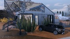 a black car parked in front of a house with cactus trees and rocks on the ground