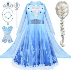 PRICES MAY VARY. 【Elsa Dress Up Clothes For Little Girls】--Our frozen costume with complete elsa accessories, wig, headband, frozen jewelry, wand etc.,hoping that the little girl who wears frozen clothes can really become a princess in reality,have beauty,courage and live a happy life. 【8 Pcs Luxury Elsa Accessories】--Frozen dress up set includes 8pcs frozen accessories,1pc silver-white elsa braid wig with snowflake-shaped hairpin,1pc Princess Wand with blue gemstones,1pcs crown Tiara,1pc neckla Elsa Clothes, Frozen Dress Up, Frozen Jewelry, Elsa Frozen Costume, Frozen Outfits, Toddler Princess Dress, Dress Up Clothes, Pretend Play Costumes, Princess Wands