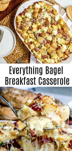 several different types of breakfast casserole with text overlay that reads, everything bagel breakfast casserole