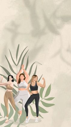 three women are doing yoga in front of a leafy background with the words, get fit on it