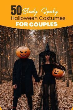 a couple dressed up in halloween costumes holding hands and walking through the woods with pumpkins on their heads