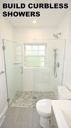 a bathroom with a toilet, sink and shower in it that says build curlless showers