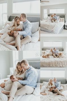 a man and woman sitting on top of a bed next to each other with their dog