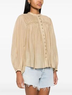 MARANT ÉTOILE Dorothe Pleated Shirt - Neutrals | Editorialist Designer Long Sleeve Beige Tops, Designer Beige Long Sleeve Tops, Designer Long Sleeve Cream Tops, Designer Beige Tops For Spring, Beige Stand Collar Top For Spring, Chic Pintucks Blouse For Fall, Beige Stand Collar Tops, Designer Cream Tops For Spring, Pintucks Long Sleeve Tops In Relaxed Fit