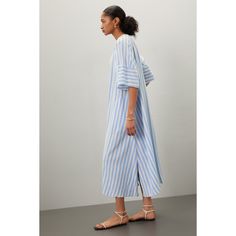 Blue stripe (Main Material: 86% Viscose, 14% Linen; Main Lining: 100% Viscose). Casual dress. 3/4 sleeves. Pull-on closure. 48.5" from shoulder to hemline. Imported. Striped Button-up Dress With Relaxed Fit, Vacation Striped Button-up Shirt Dress, Casual Striped Shirt Dress With V-neck, Casual Striped V-neck Kaftan, Brooklyn Dress, Blue Horizontal Stripe Cotton T-shirt, Vanessa Bruno, Rent The Runway, White Striped Dress