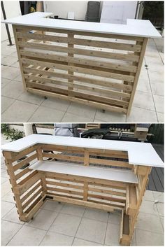 two pictures of the same bench made out of pallet wood and some white paint