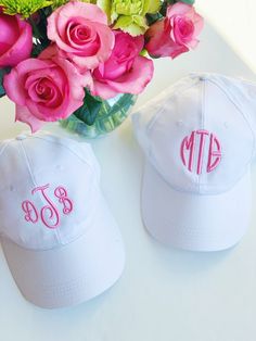 Monogrammed Women's Baseball Hat Made from 100% bio-washed chino twill, these monogrammed women's baseball hats are such a cute gift idea! Tons of hat colors, thread colors, and monogramming styles to choose from. Perfect for friends, family, teachers, co-workers, bridesmaids, etc. Quick turnaround time! In the personalization box, please include: 1. Full Name (First, Middle, Last) for initial placement 2. Thread Color Personalized White Baseball Cap With Curved Bill, Personalized White Cotton Hat, White Personalized Cotton Hat, Customizable White Cotton Baseball Cap, Personalized White Dad Hat, Personalized White Hat With Curved Brim, White Personalized Hat With Curved Brim, Personalized White Flat Bill Hat, White Personalized Curved Bill Hat