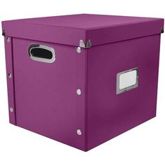 a purple storage box with metal handles