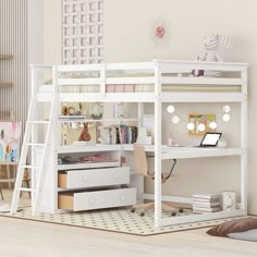 a white loft bed with desk underneath it and stairs to the upper level, in a child's bedroom