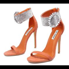 Woman’s Coral Burst Heels Coral /Orange Sexy Heels With Silver Burst Zip Back Stop The Show In These Beauties Brand Orange Ankle Strap Heels With 4-inch Heel, Trendy Orange Party Heels, Trendy Orange Heels For Party, Orange Ankle Strap Heels For Party, Orange Pointed Toe Heels For Night Out, Orange Evening Heels With 4-inch Heel, Trendy Orange 4-inch Heels, Coral Orange, Shoe Lover