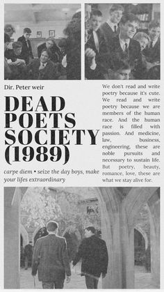 an advertisement for the dead poets society in 1989, with images of people walking