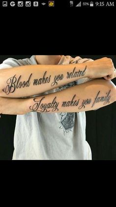 two people with tattoos on their arms that say blood makes you related, today makes you family