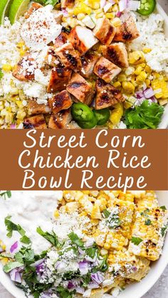 a bowl filled with corn, chicken and rice