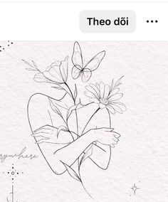 a drawing of a woman holding flowers in her hand with the words thoo di on it