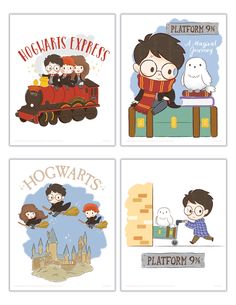 four harry potter cards with hogwart's express, platform 9 and platform 9