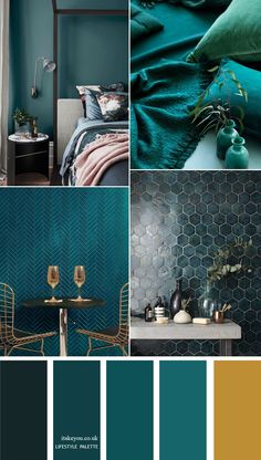 a collage of teal and gold color palettes for interior design, home decor