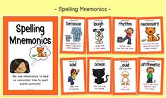 an orange and white poster with different types of words on it that say spelling mnemonics