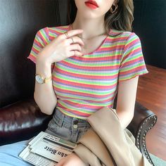 Women T-shirt Cotton Kawaii Rainbow Striped Tops Y2k Harajuku Tshirt Summer Short Sleeve Navel Skinny Stitching Korean Punk Harajuku Style Multicolor Summer Tops, Summer Multicolor Harajuku Tops, Y2k Style Multicolor Short Sleeve T-shirt, Harajuku Style Multicolor Cotton Tops, Multicolor Cotton Harajuku Tops, Y2k Striped Cotton Tops, Fitted Harajuku T-shirt For Spring, Spring Harajuku Style Fitted T-shirt, Spring Harajuku Fitted T-shirt