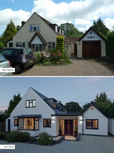 before and after photos of a house with an attached garage