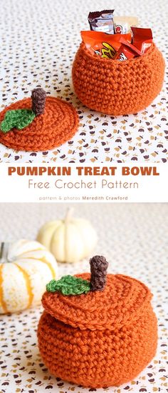 a crocheted pumpkin treat bowl is shown with candy in the bottom and on top