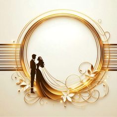 a bride and groom standing in front of a golden circle with swirls on it