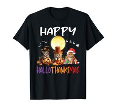 PRICES MAY VARY. Black cat Halloween Thanksgiving and Christmas, hallothanksmas, perfect gifts for Halloween, Thanksgiving, Christmas, and Birthday. Cute design for wear going to trick or treats and party night. Funny cat Happy Halloween thanksgiving xmas.Funny costume, cat Santa Christmas, cat lover, men, women, Kids Boys and girls who love cats and kittens as Halloween costume. Lightweight, Classic fit, Double-needle sleeve and bottom hem Happy Hallothanksmas, Cat Happy, Fabric Medium, Funny Cat, Girls Tshirts, Types Of Shirts, Collar Style, Boy's Clothing, Amazon Tiktok