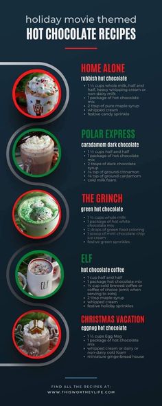 the holiday movie menu is shown in red, white and green colors with an image of hot chocolates